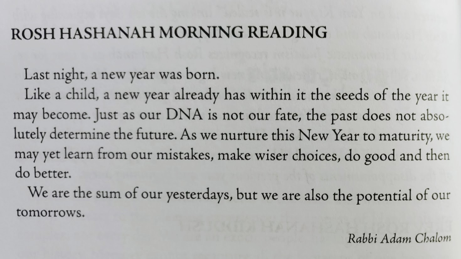 Rosh Hashanah Morning Reading
Last night, a new year was born. Like a child, a new year already has within it the seeds of the year it may become. Just as a our DNA is not our fate, the past does not absolutely determine the future. As we nurture this New Year to maturity, we may yet learn from our mistakes, make wiser choices, do good and then do better. We are the sum of our yesterdays, but we are also the potential of our tomorrows. - Rabbi Adam Chalom