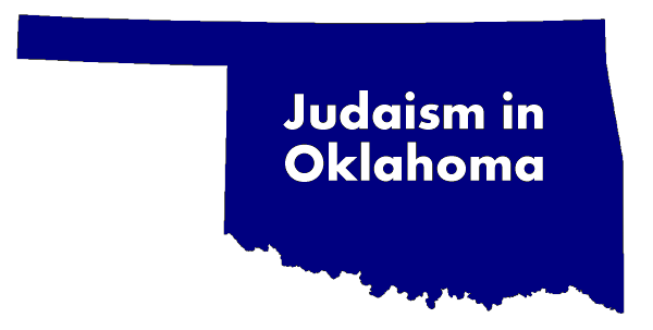 outline of map of state of Oklahoma in royal blue, with white words on top that says "Judaism in Oklahoma"